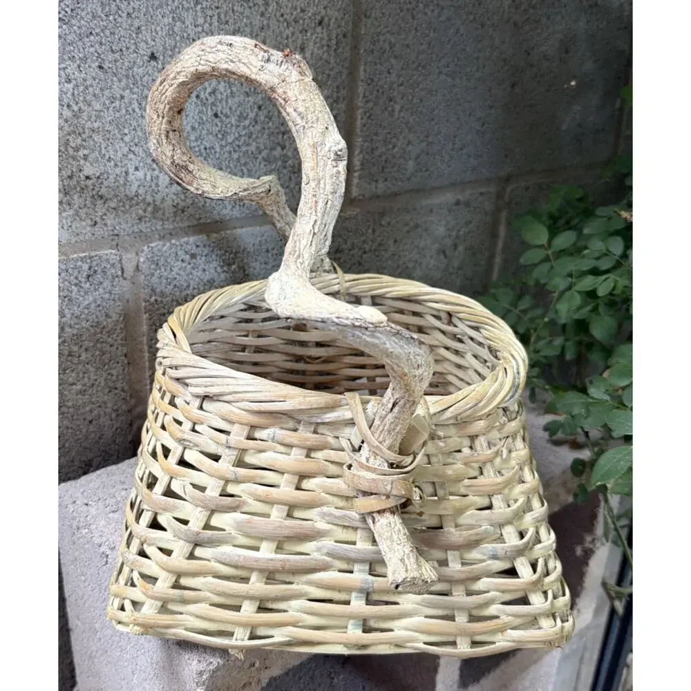 Vintage Basket With Natural Woven Vine Handle Unique Primitive Decor Signed